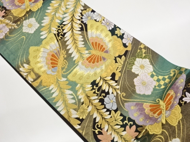 JAPANESE KIMONO / FUKURO OBI / WOVEN FLOWER & BUTTERFLY 